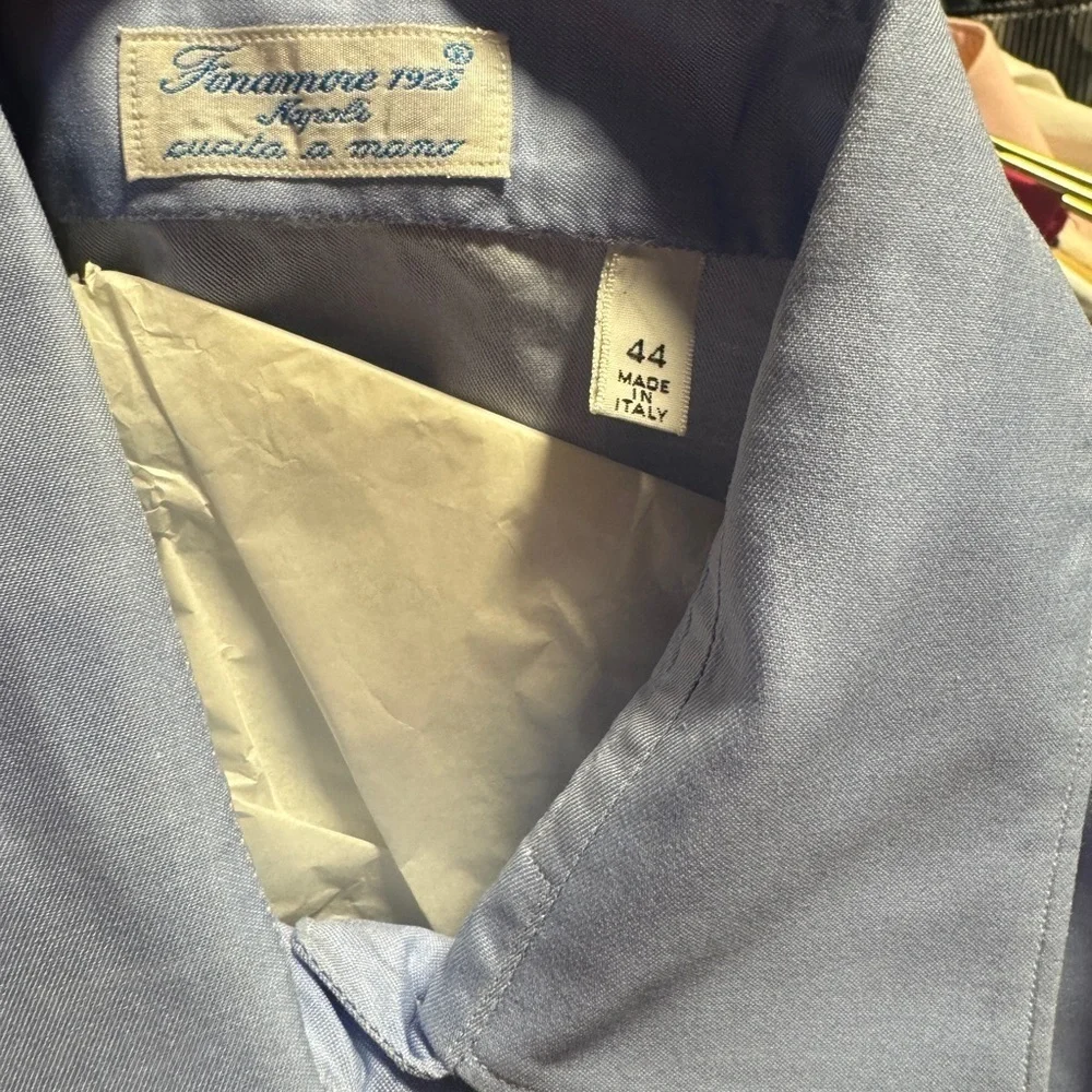 FInamore 1925 AUTHENTIC Tailored Blue Dress Shirt with Pointed Collar. Size 44